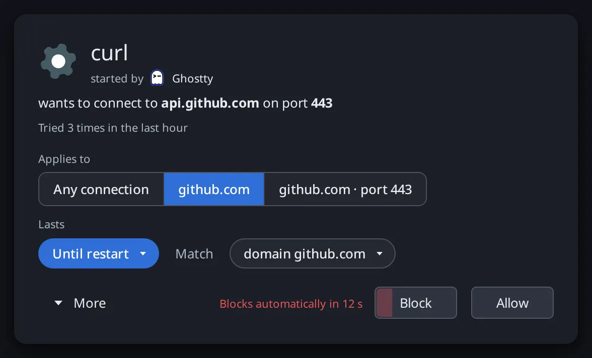 An example alert, a curl connection to api.github.com. Its nine parts are numbered 1 to 9 and listed below.