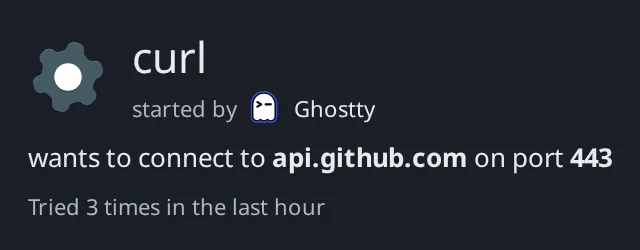 The top of the Peephole alert: curl, started by Ghostty, wants to connect to api.github.com on port 443.
